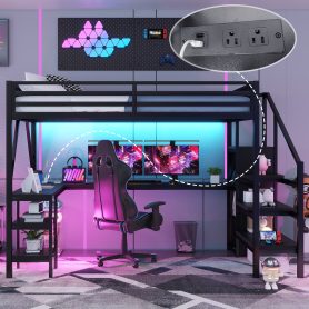 Metal Queen Size Loft Bed with L Shaped Desk and USB for Kids Teens Adults