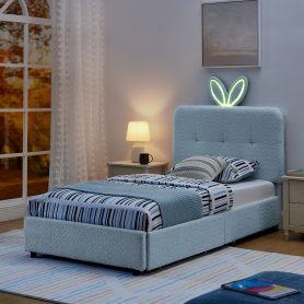 Twin Size Kids Upholstered Bed With Oversized Rabbit Ear Headboard, Music Sync, LED Light & 4 Storage Drawers 24 Twin Size Kids Upholstered Bed With Oversized Rabbit Ear Headboard, Music Sync, LED Light & 4 Storage Drawers