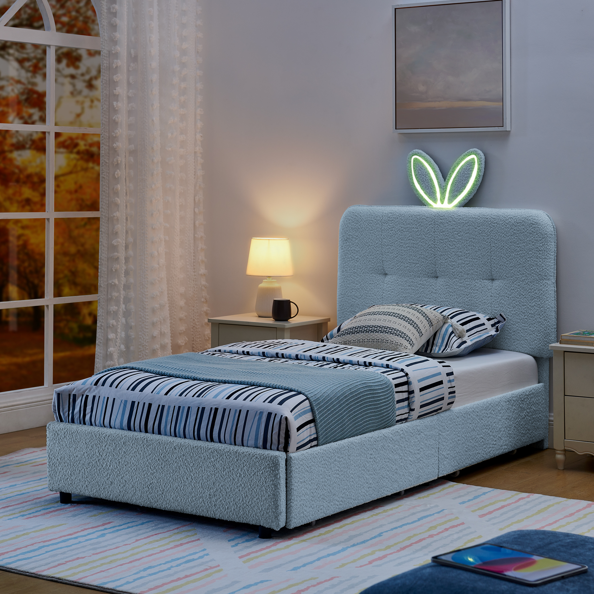 Twin Size Kids Upholstered Bed With Oversized Rabbit Ear Headboard, Music Sync, LED Light & 4 Storage Drawers 5 Twin Size Kids Upholstered Bed With Oversized Rabbit Ear Headboard, Music Sync, LED Light & 4 Storage Drawers