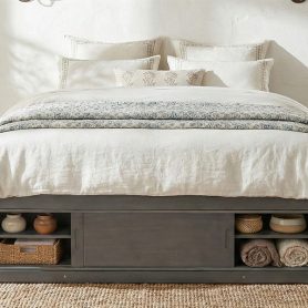 Queen Size Platform Bed Frame with 4 Storage Drawers and Footboard Storage Cubby