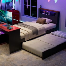 Twin Size Wood Daybed with Twin Size Trundle, Desk, LED light and USB