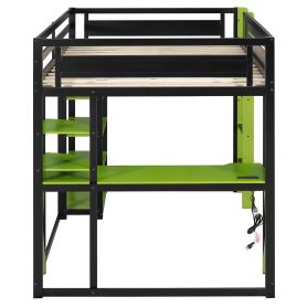 Full Size Wood Loft Bed with Desk, Shelves, Power Outlet & USB/Type-C Ports and RGB Light