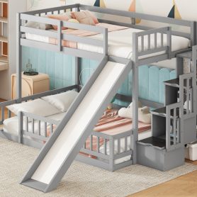 Twin Over Full Bunk Bed with Slide, Storage Staircase and Guardrails 54 Twin Over Full Bunk Bed with Slide, Storage Staircase and Guardrails