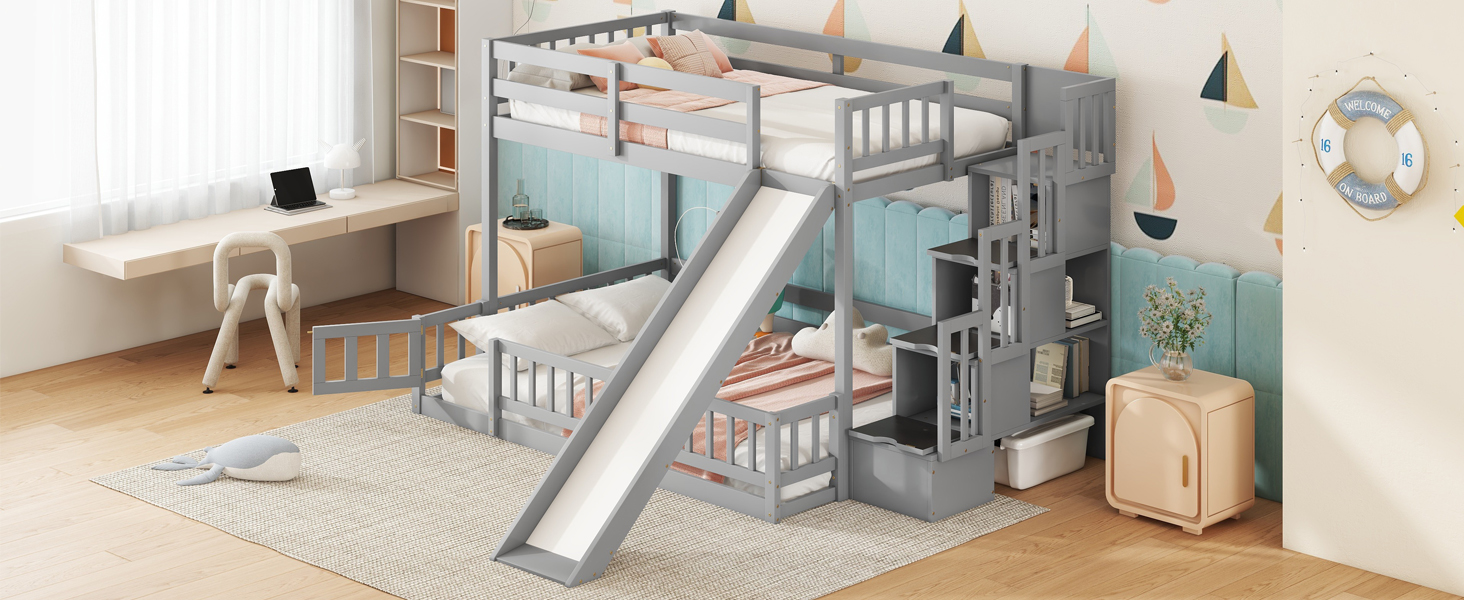 Twin Over Full Bunk Bed with Slide, Storage Staircase and Guardrails 25 Twin Over Full Bunk Bed with Slide, Storage Staircase and Guardrails