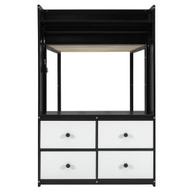 Twin Size Bunk Bed with 4 Storage Drawers, Hanging Rail, Light Strip and Built-in Shelves & Dual Pegboards