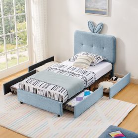 Twin Size Kids Upholstered Bed With Oversized Rabbit Ear Headboard, Music Sync, LED Light & 4 Storage Drawers 30 Twin Size Kids Upholstered Bed With Oversized Rabbit Ear Headboard, Music Sync, LED Light & 4 Storage Drawers