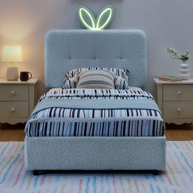 Twin Size Kids Upholstered Bed With Oversized Rabbit Ear Headboard, Music Sync, LED Light & 4 Storage Drawers