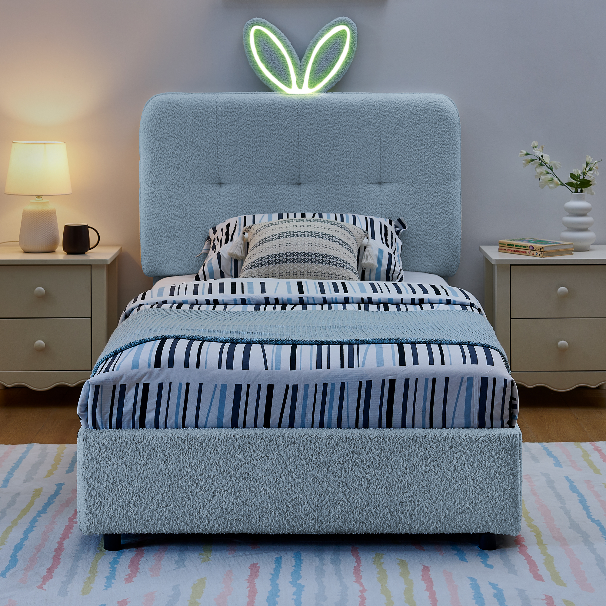 Twin Size Kids Upholstered Bed With Oversized Rabbit Ear Headboard, Music Sync, LED Light & 4 Storage Drawers 3 Twin Size Kids Upholstered Bed With Oversized Rabbit Ear Headboard, Music Sync, LED Light & 4 Storage Drawers