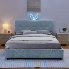Queen Size Kids Upholstered Bed With Oversized Rabbit Ear Headboard, Music Sync, LED Light & 4 Storage Drawers