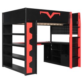 Full Size Gaming Loft Bed with Integrated Desk & RGB LED Lights, Pro-Gamer Bed with Power Outlet, Large Bookshelf, Pegboard, Keyboard Tray & Storage Drawer