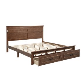 King Size Bed with Tall-Panel Headboard & Footboard, 2 Storage Drawers, Built-in LED Lights, USB Charging Station