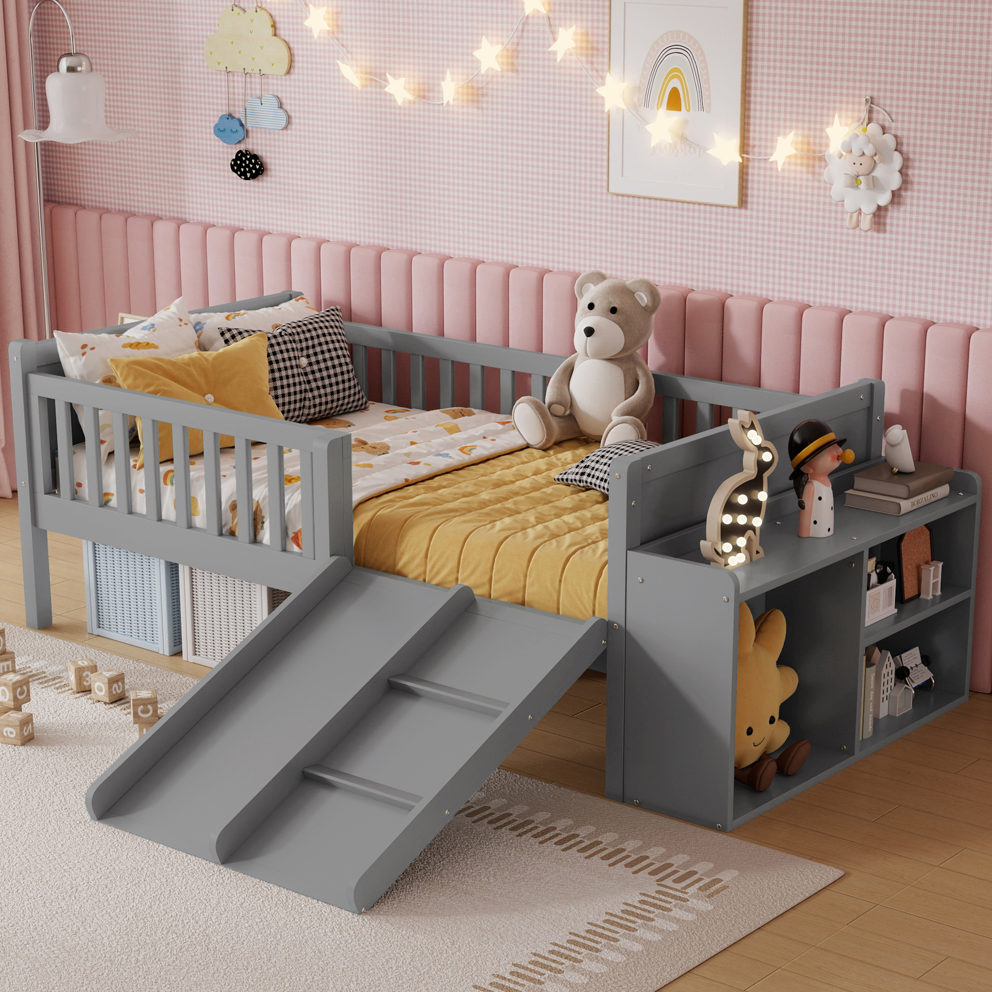 Twin Size Low Loft Bed with Slide, Movable Bookshelf Storage, Guardrails 7 Twin Size Low Loft Bed with Slide, Movable Bookshelf Storage, Guardrails