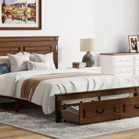 Queen Size Bed with Tall-Panel Headboard & Footboard, 2 Storage Drawers, Built-in LED Lights, USB Charging Station