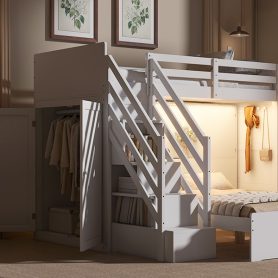 Twin Over Full Bunk Bed With Storage Stairs, Wardrobe, USB And Light 45 Twin Over Full Bunk Bed With Storage Stairs, Wardrobe, USB And Light