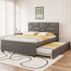 Queen Size Upholstered Platform Bed with Brick Pattern Headboard and Twin XL Size Trundle 2 Queen Size Upholstered Platform Bed with Brick Pattern Headboard and Twin XL Size Trundle
