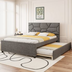 Queen Size Upholstered Platform Bed with Brick Pattern Headboard and Twin XL Size Trundle
