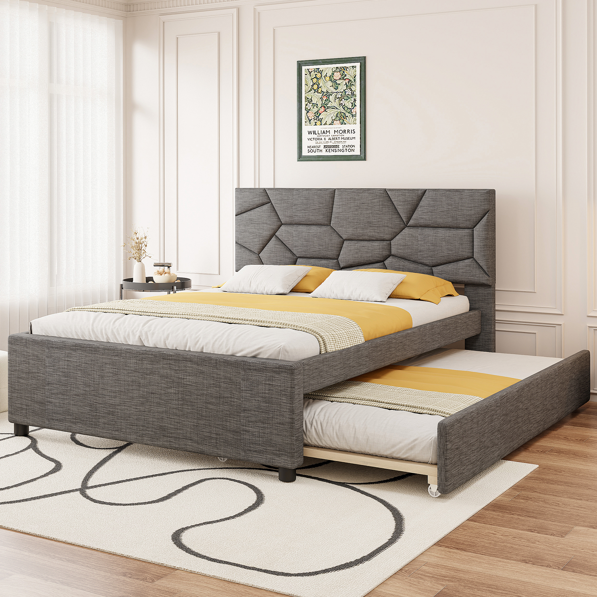 Queen Size Upholstered Platform Bed with Brick Pattern Headboard and Twin XL Size Trundle 3 Queen Size Upholstered Platform Bed with Brick Pattern Headboard and Twin XL Size Trundle