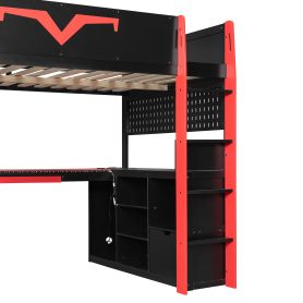 Full Size Gaming Loft Bed with Integrated Desk & RGB LED Lights, Pro-Gamer Bed with Power Outlet, Large Bookshelf, Pegboard, Keyboard Tray & Storage Drawer