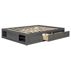 Queen Size Platform Bed Frame with 4 Storage Drawers and Footboard Storage Cubby