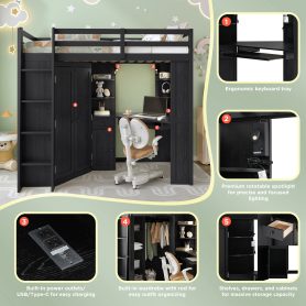 Twin Size Loft Bed with Integrated Large Wardrobe and Desk