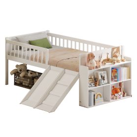 Wooden Twin Bed Frame With Storage Shelf, Guardrail, Slide And Ladder