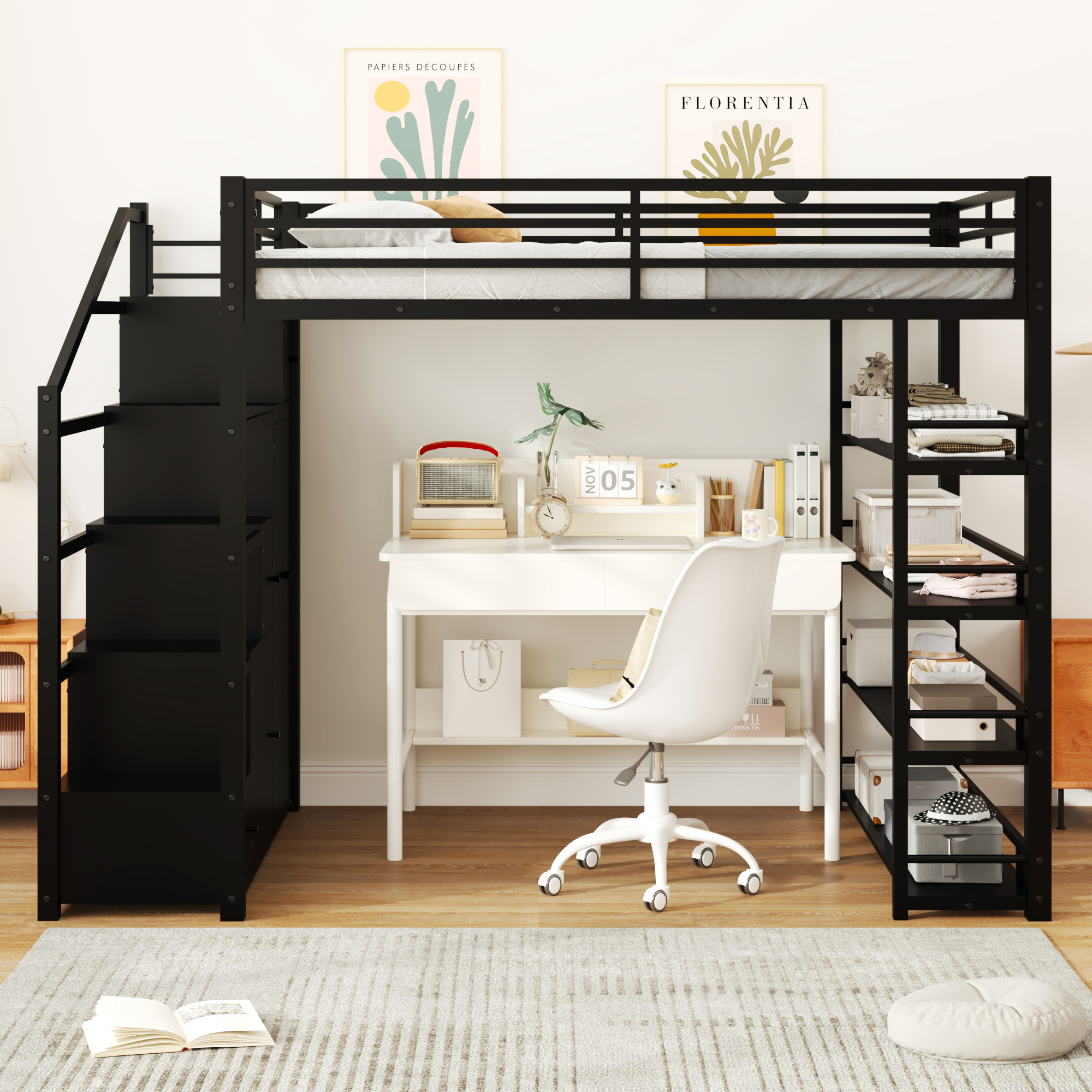 Queen Size Metal Loft Bed with Storage Shelves, Cabinets and Wardrobe 4 Queen Size Metal Loft Bed with Storage Shelves, Cabinets and Wardrobe