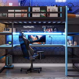 Twin Size Wood Loft Bed With Desk, Side Storage Rack, Multi-storage Shelves And RGB Light