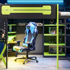 Full Size Wood Loft Bed with Desk, Shelves, Power Outlet & USB/Type-C Ports and RGB Light