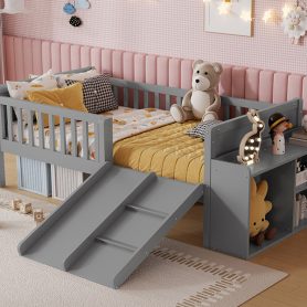 Twin Size Low Loft Bed with Slide, Movable Bookshelf Storage, Guardrails 27 Twin Size Low Loft Bed with Slide, Movable Bookshelf Storage, Guardrails