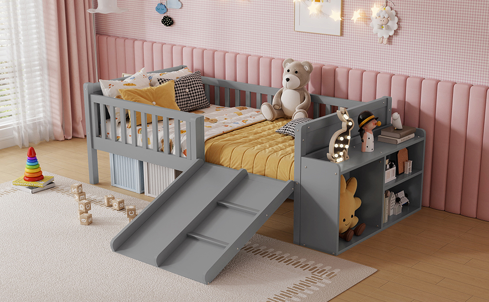 Twin Size Low Loft Bed with Slide, Movable Bookshelf Storage, Guardrails 10 Twin Size Low Loft Bed with Slide, Movable Bookshelf Storage, Guardrails