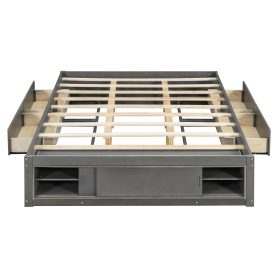 Queen Size Platform Bed Frame with 4 Storage Drawers and Footboard Storage Cubby