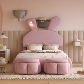 Twin Size Upholstered Platform Bed With Cartoon Ears Shaped Headboard And Light