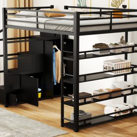 Queen Size Metal Loft Bed with Storage Shelves, Cabinets and Wardrobe 20 Queen Size Metal Loft Bed with Storage Shelves, Cabinets and Wardrobe