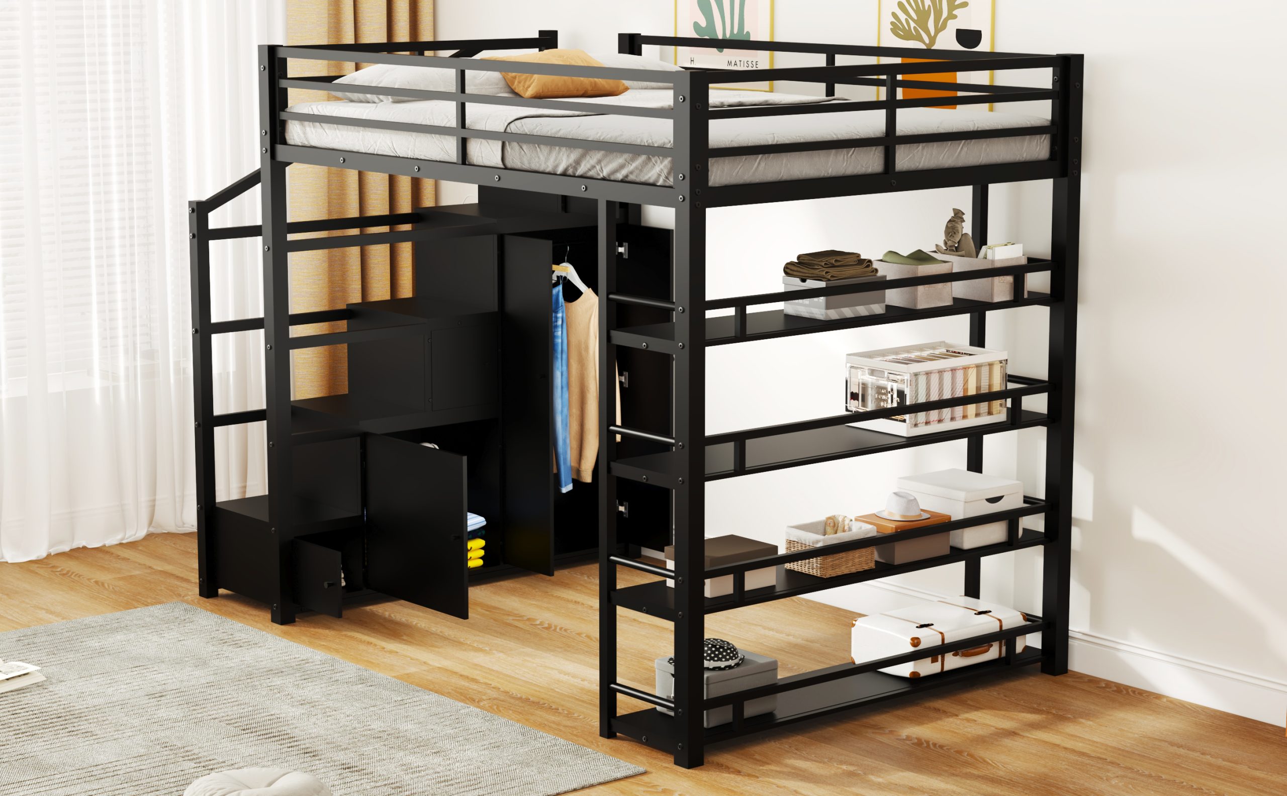 Queen Size Metal Loft Bed with Storage Shelves, Cabinets and Wardrobe 7 Queen Size Metal Loft Bed with Storage Shelves, Cabinets and Wardrobe