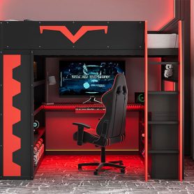 Full Size Gaming Loft Bed with Integrated Desk & RGB LED Lights, Pro-Gamer Bed with Power Outlet, Large Bookshelf, Pegboard, Keyboard Tray & Storage Drawer