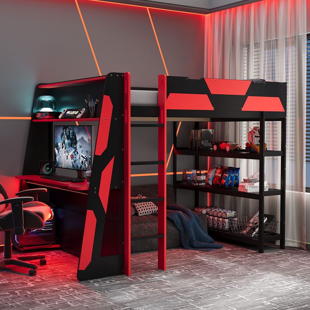 Full Size Gaming Loft Bed with Desk, Shelves & LED Lights | Cool Kids Bed