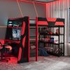 Full Size Gaming Loft Bed with Desk, Shelves & LED Lights