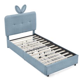 Twin Size Kids Upholstered Bed With Oversized Rabbit Ear Headboard, Music Sync, LED Light & 4 Storage Drawers 36 Twin Size Kids Upholstered Bed With Oversized Rabbit Ear Headboard, Music Sync, LED Light & 4 Storage Drawers
