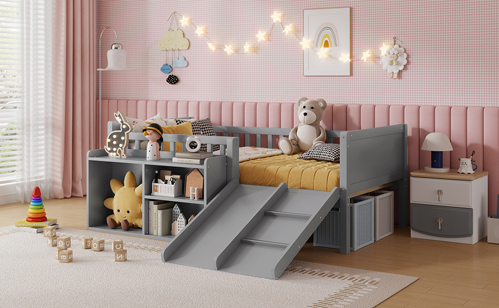 Twin Size Low Loft Bed with Slide, Movable Bookshelf Storage, Guardrails 8 Twin Size Low Loft Bed with Slide, Movable Bookshelf Storage, Guardrails