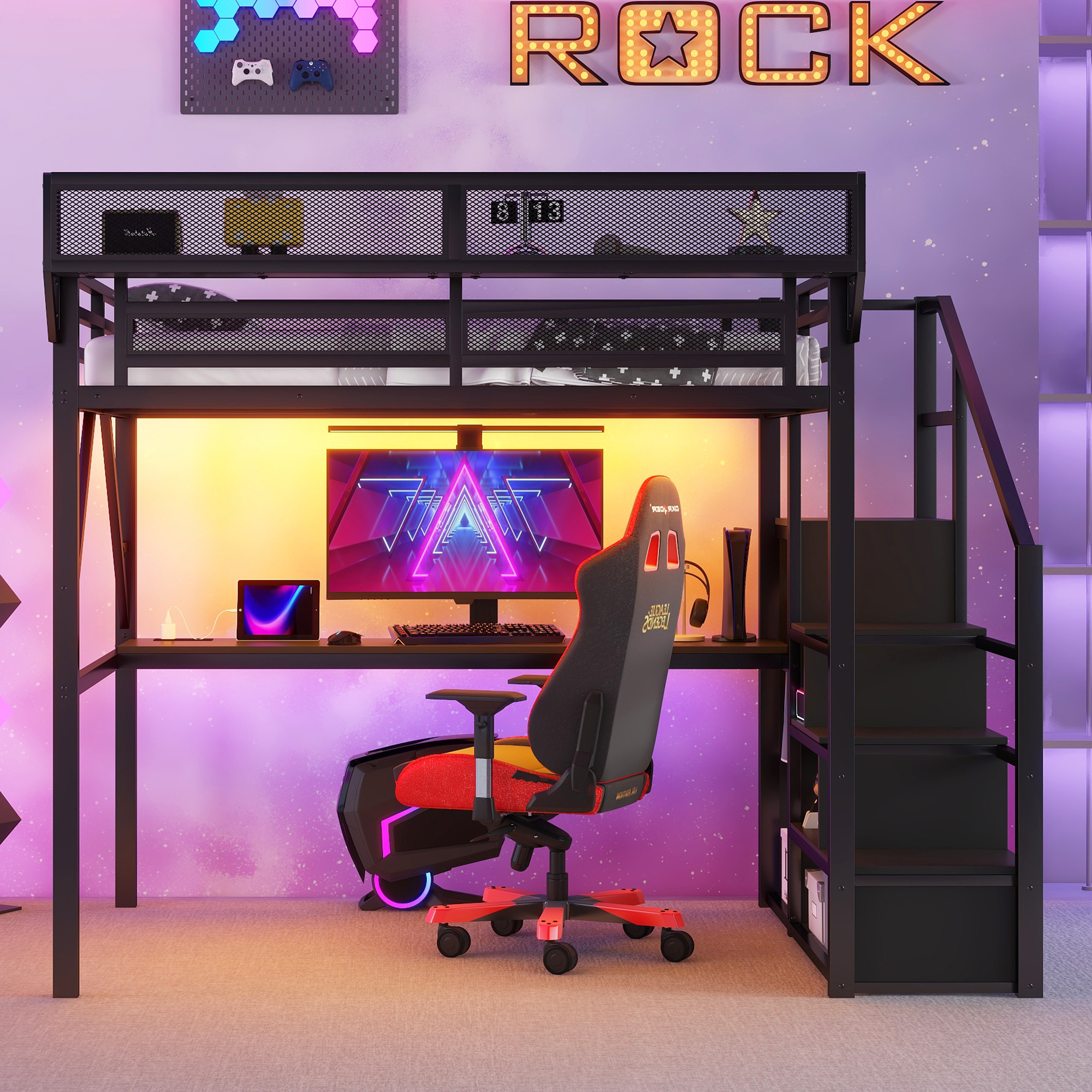 Metal Queen Size Loft Bed With Desk, Charging Station, Stairs And Light 4 Metal Queen Size Loft Bed With Desk, Charging Station, Stairs And Light