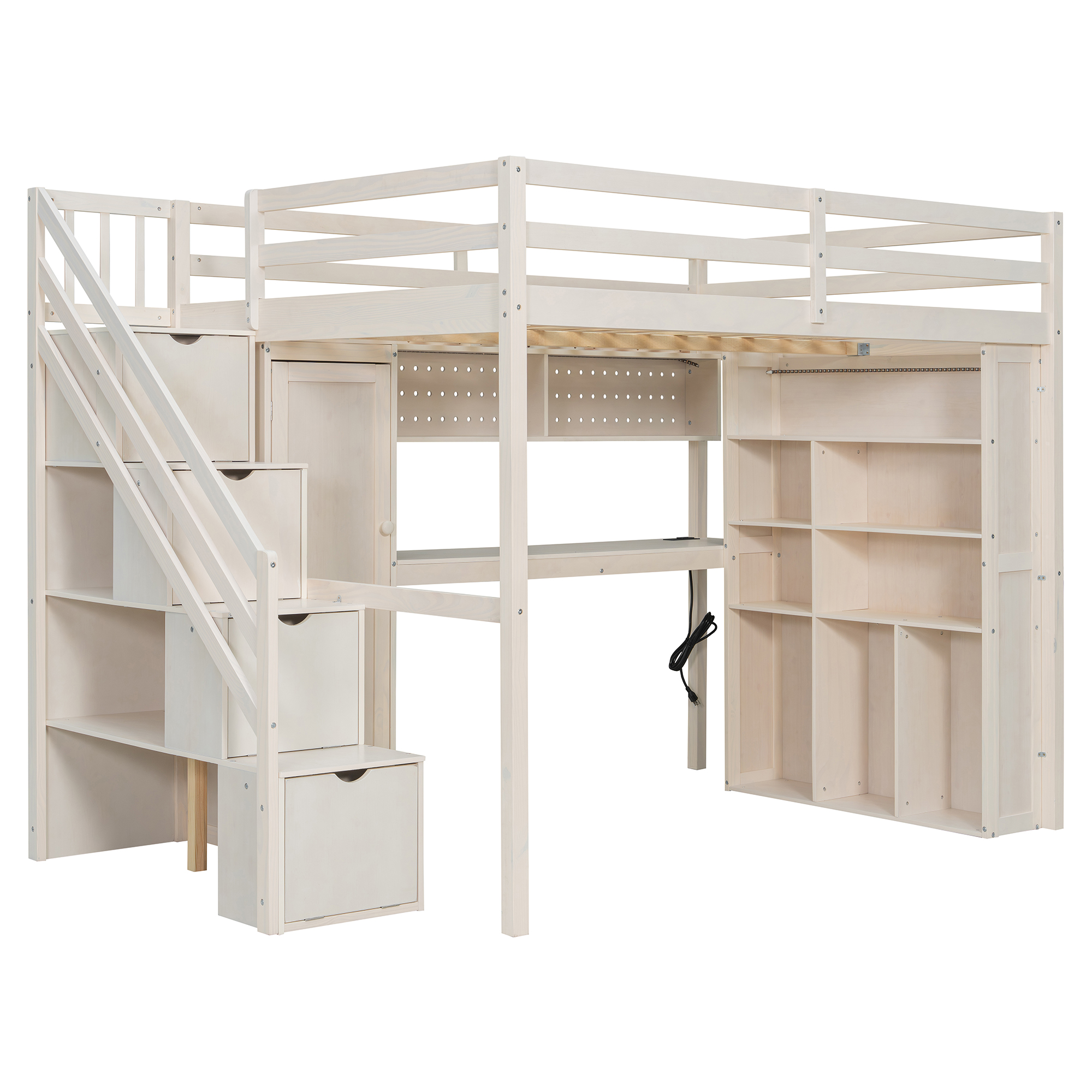 Full Loft Bed Frame with Built-In Wardrobe, Study Desk, Storage Shelves & Lights 10 Full Loft Bed Frame with Built-In Wardrobe, Study Desk, Storage Shelves & Lights