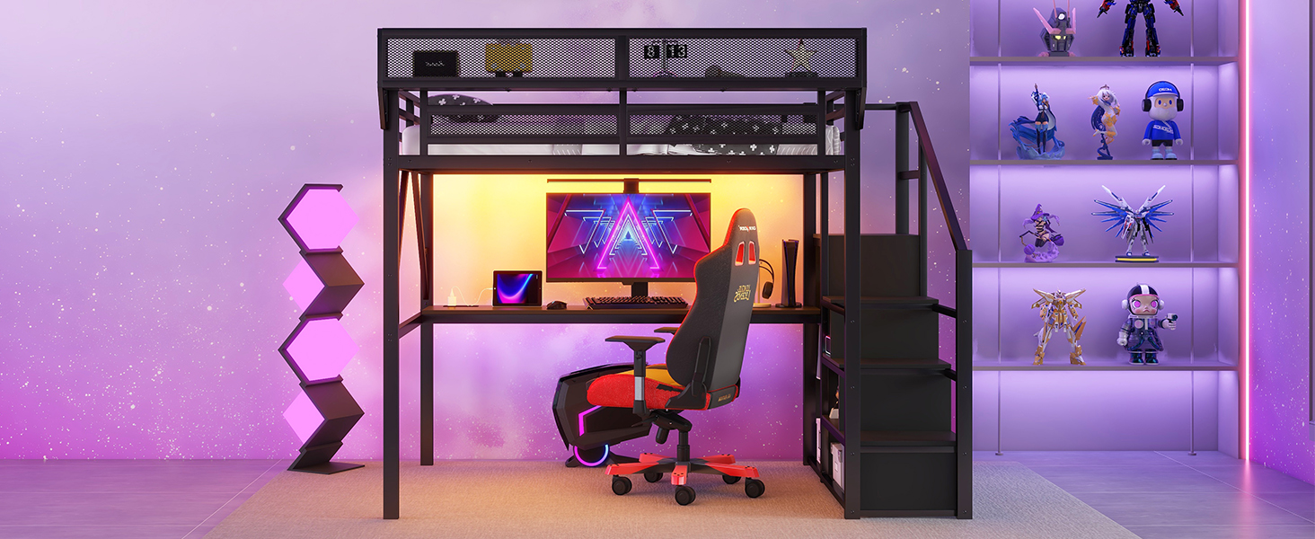 Metal Queen Size Loft Bed With Desk, Charging Station, Stairs And Light 24 Metal Queen Size Loft Bed With Desk, Charging Station, Stairs And Light