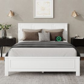 Queen Size Bed with Tall-Panel Headboard & Footboard, Built-in LED Lights, USB Charging Station
