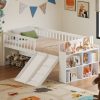 Wooden Twin Bed Frame With Storage Shelf, Guardrail, Slide And Ladder