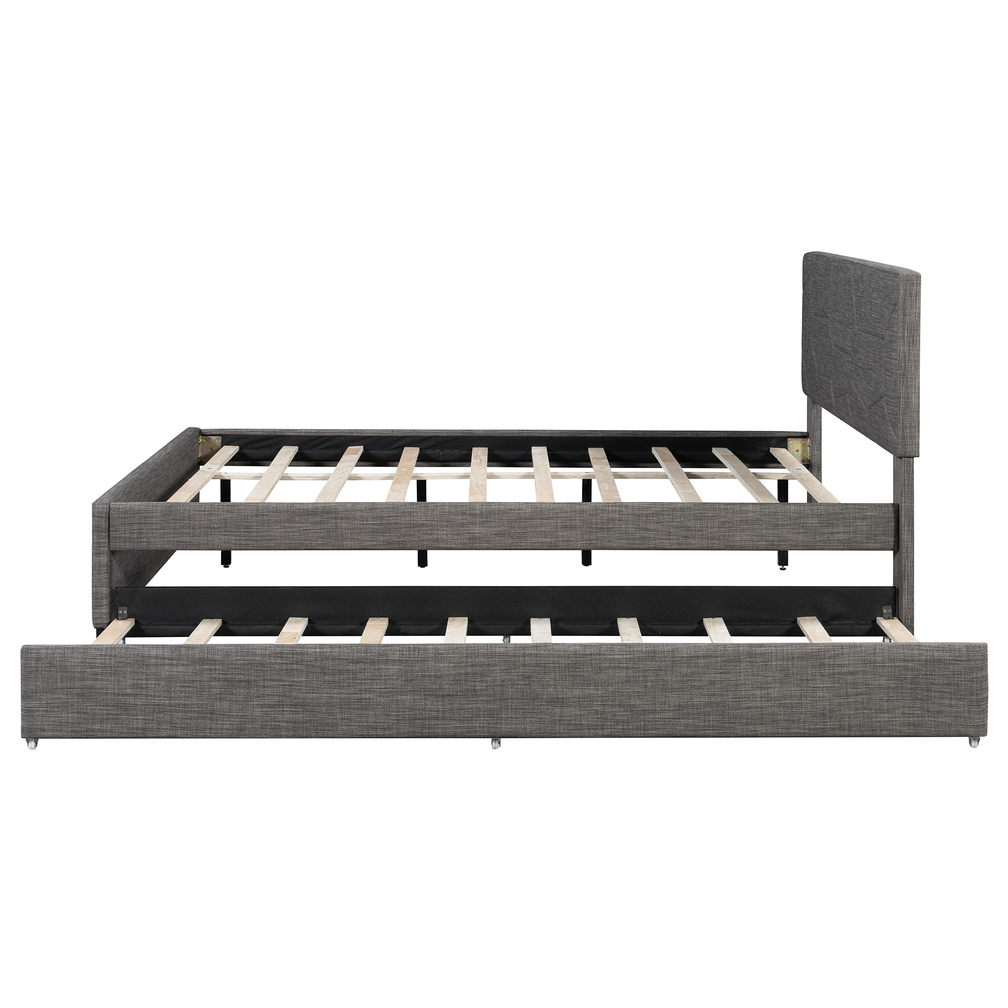 Queen Size Upholstered Platform Bed with Brick Pattern Headboard and Twin XL Size Trundle 18 Queen Size Upholstered Platform Bed with Brick Pattern Headboard and Twin XL Size Trundle