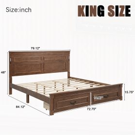 King Size Bed with Tall-Panel Headboard & Footboard, 2 Storage Drawers, Built-in LED Lights, USB Charging Station