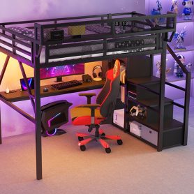 Metal Full Size Loft Bed With Desk, Charging Station, Stairs And Light