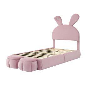 Twin Size Upholstered Platform Bed With Cartoon Ears Shaped Headboard And Light