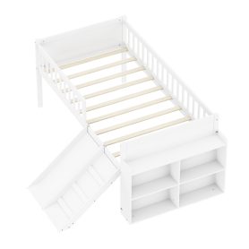Wooden Twin Bed Frame With Storage Shelf, Guardrail, Slide And Ladder