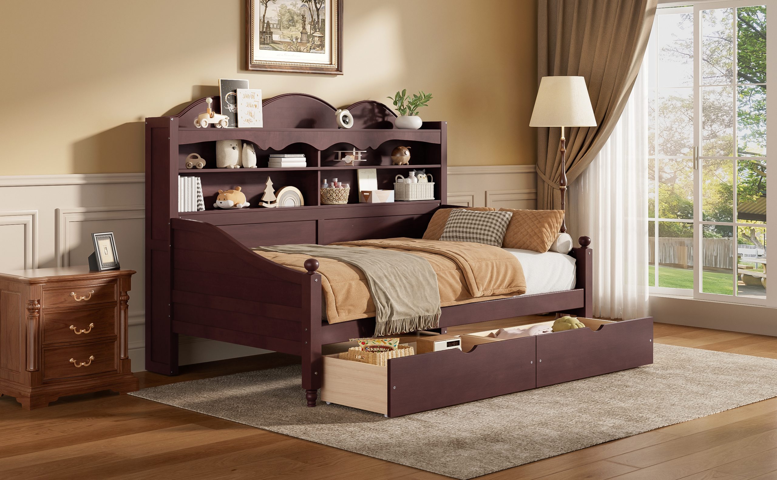 Wooden Twin Daybed With Storage Drawers and Storage Headboard Shelving 17 Wooden Twin Daybed With Storage Drawers and Storage Headboard Shelving